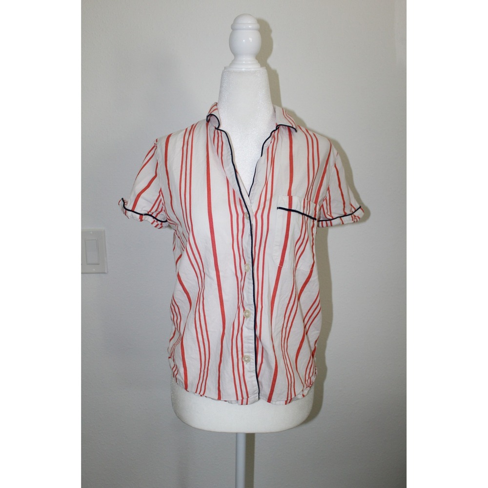 J.Crew Womens Red White Striped Short Sleeve Poplin Top Button Down XS